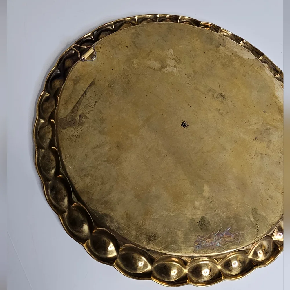Vintage Moroccan Handmade Brass Tray Plate Morocco Scalloped Edge
